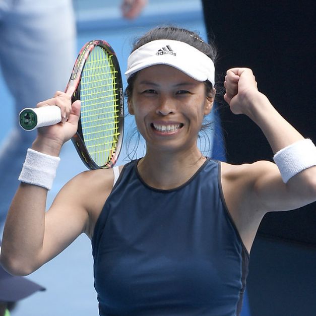 謝淑薇闖進澳網女單8強後慶祝。（達志影像）